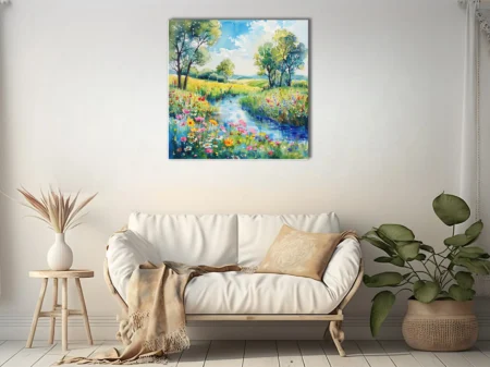 Watercolor-style wildflower meadow landscape with stream, trees, and bright summer palette