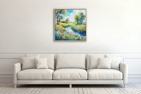 Watercolor-style wildflower meadow landscape with stream, trees, and bright summer palette