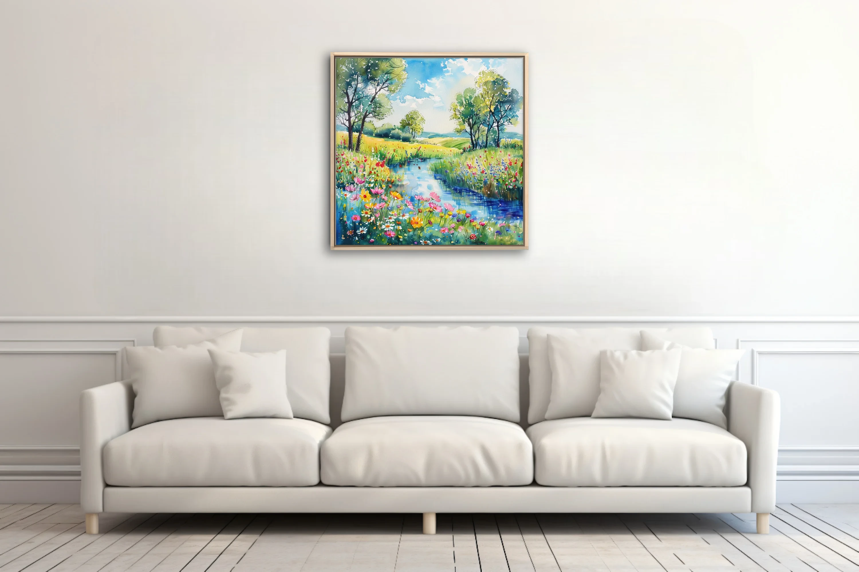 Watercolor-style wildflower meadow landscape with stream, trees, and bright summer palette