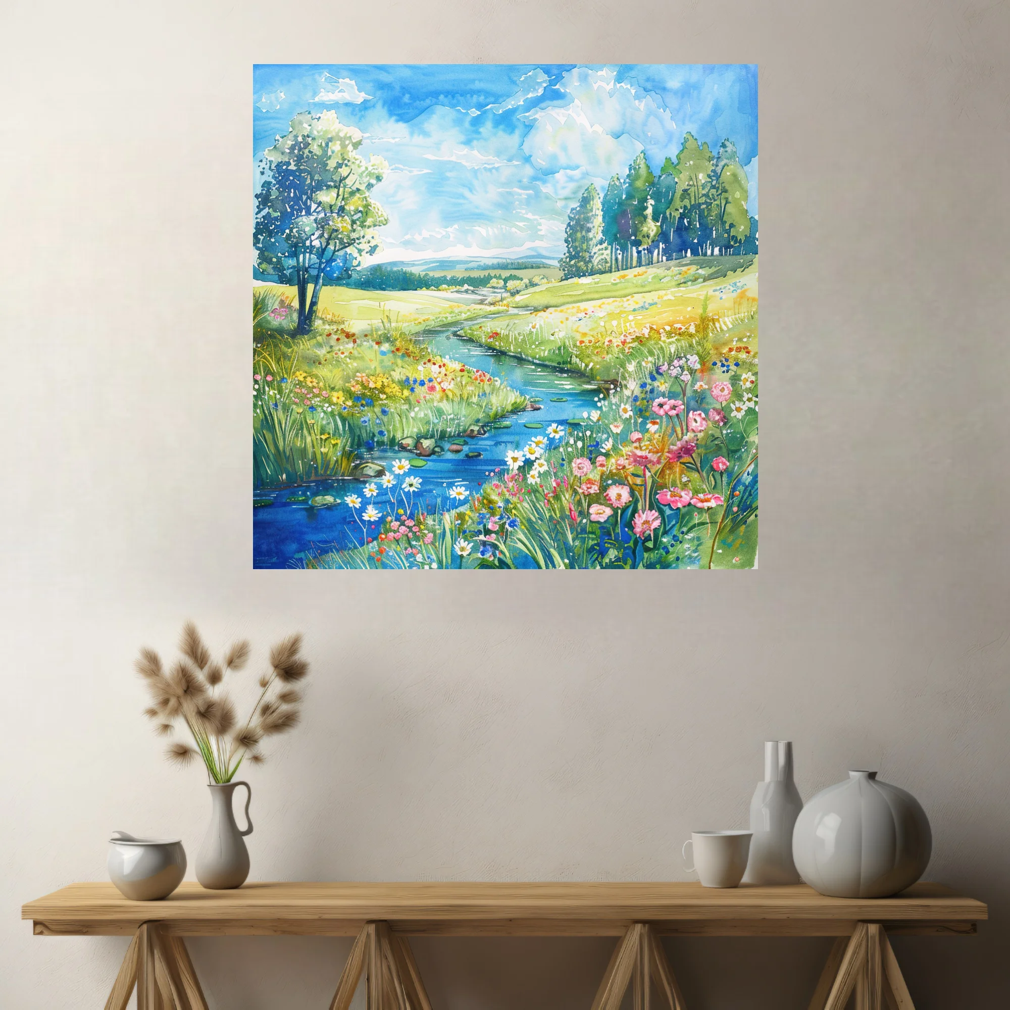Watercolor-style wildflower meadow with stream, vivid blooms and rolling green hills