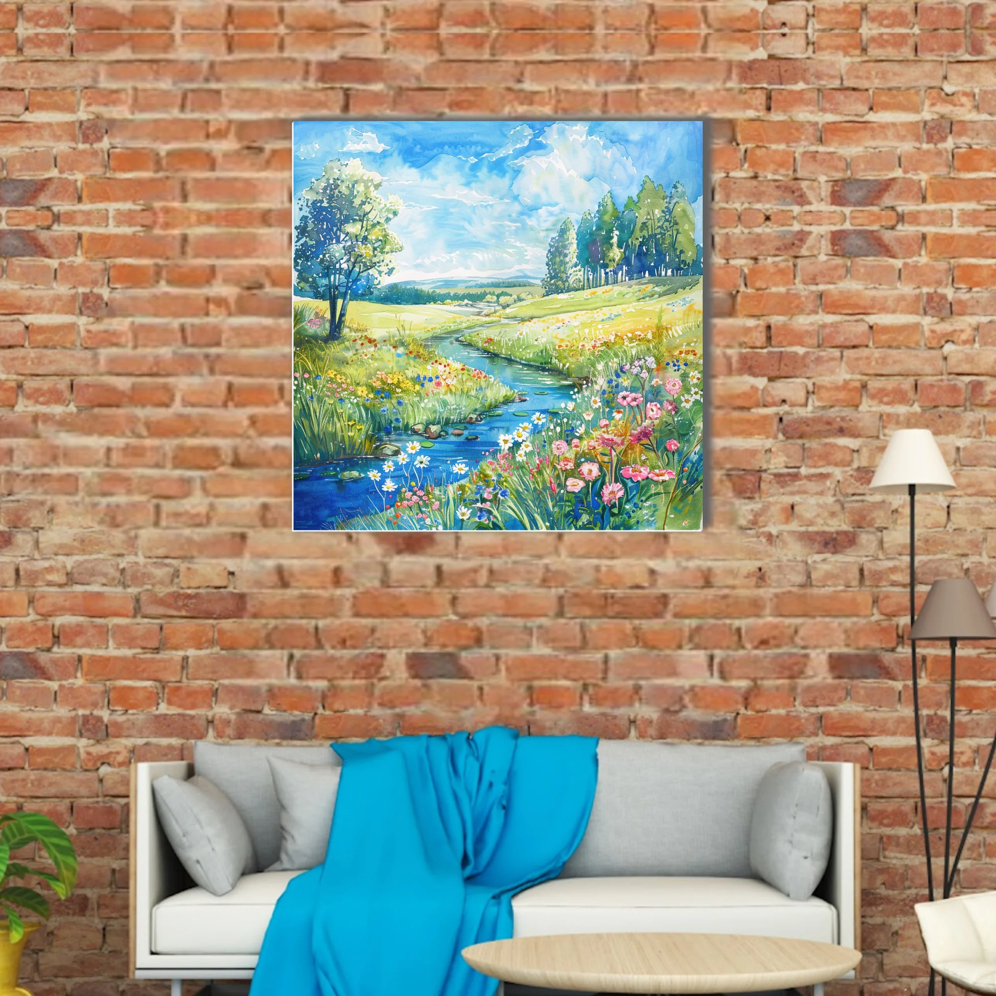 Watercolor-style wildflower meadow with stream, vivid blooms and rolling green hills