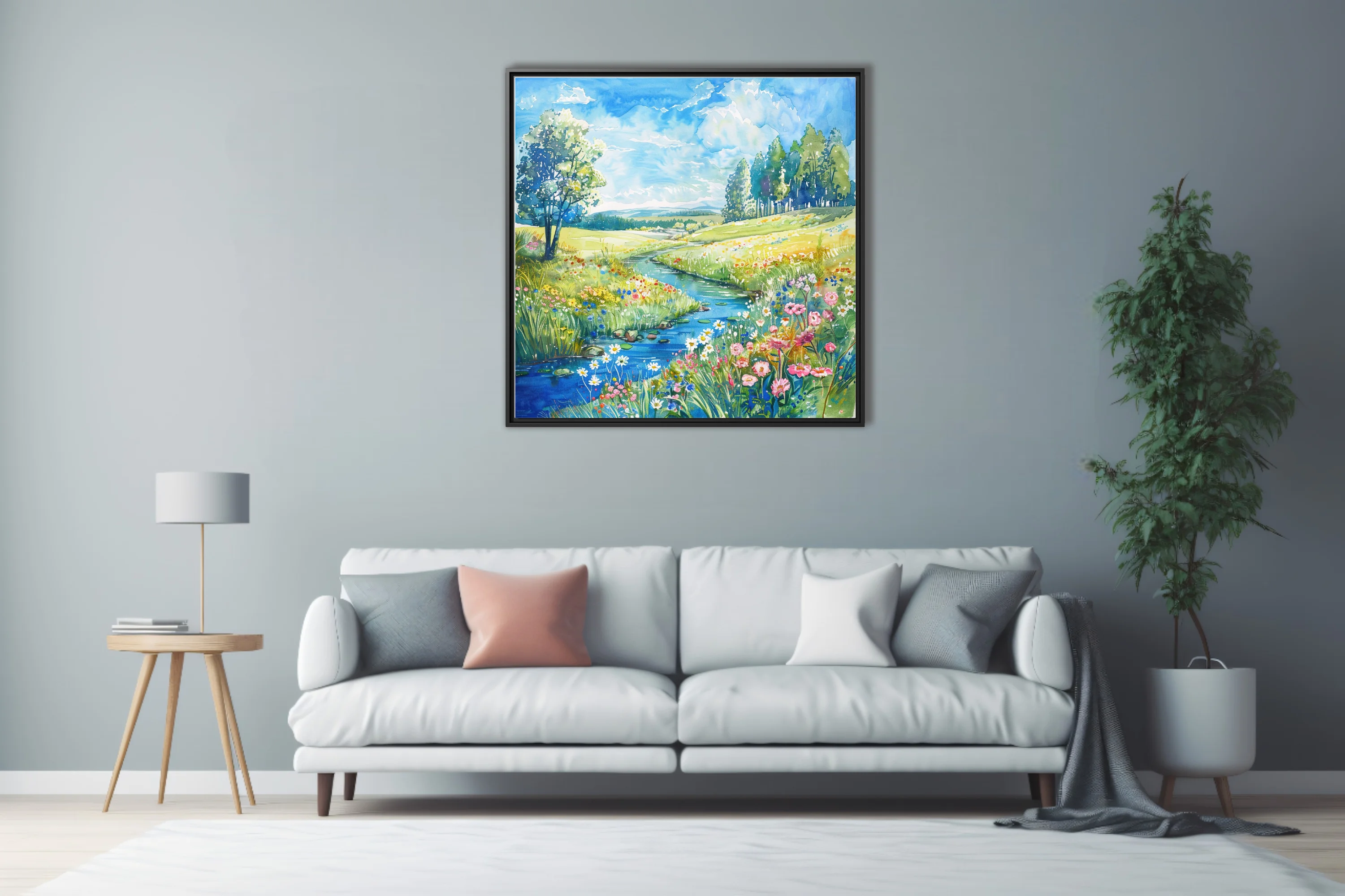 Watercolor-style wildflower meadow with stream, vivid blooms and rolling green hills