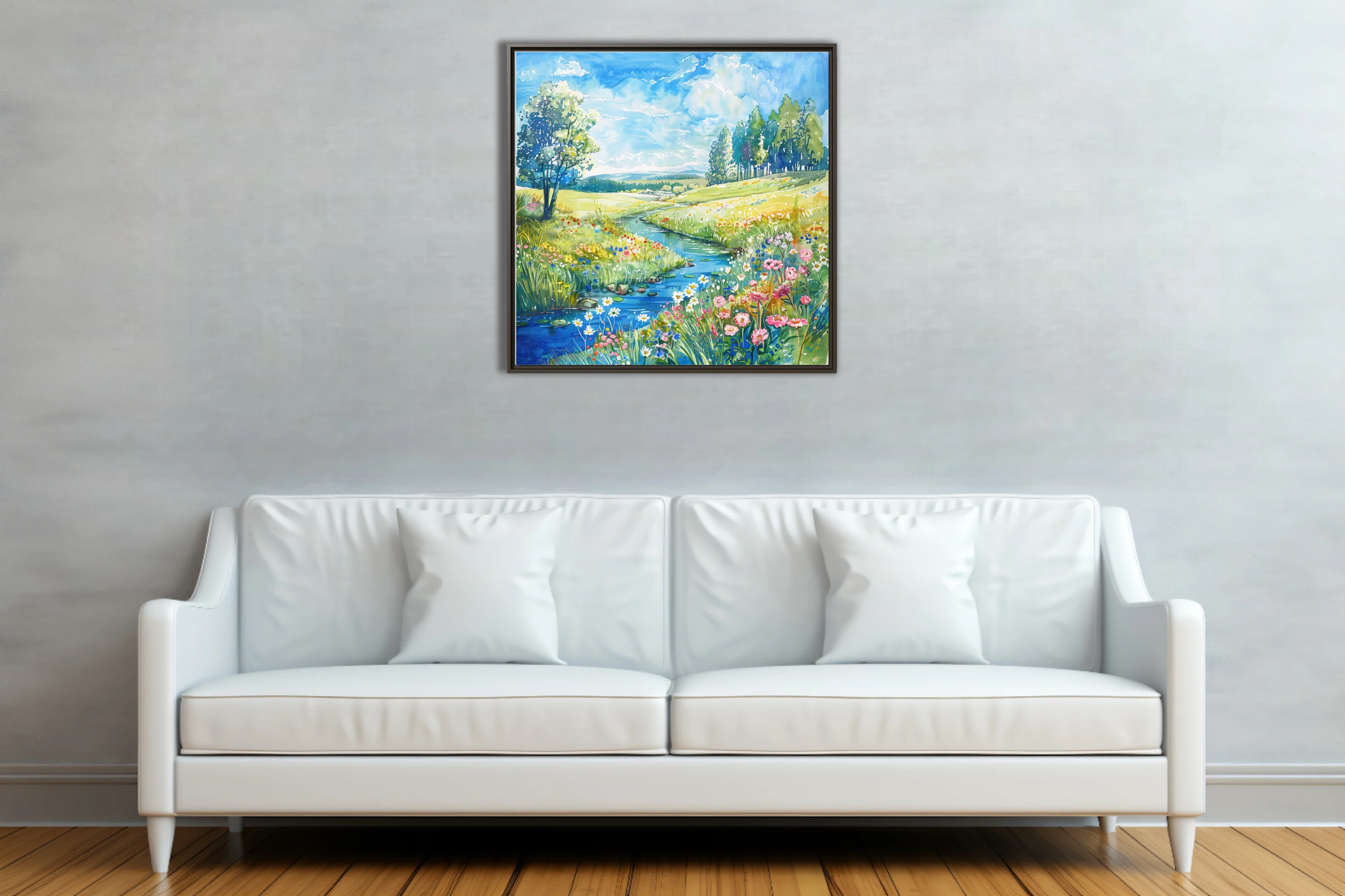 Watercolor-style wildflower meadow with stream, vivid blooms and rolling green hills
