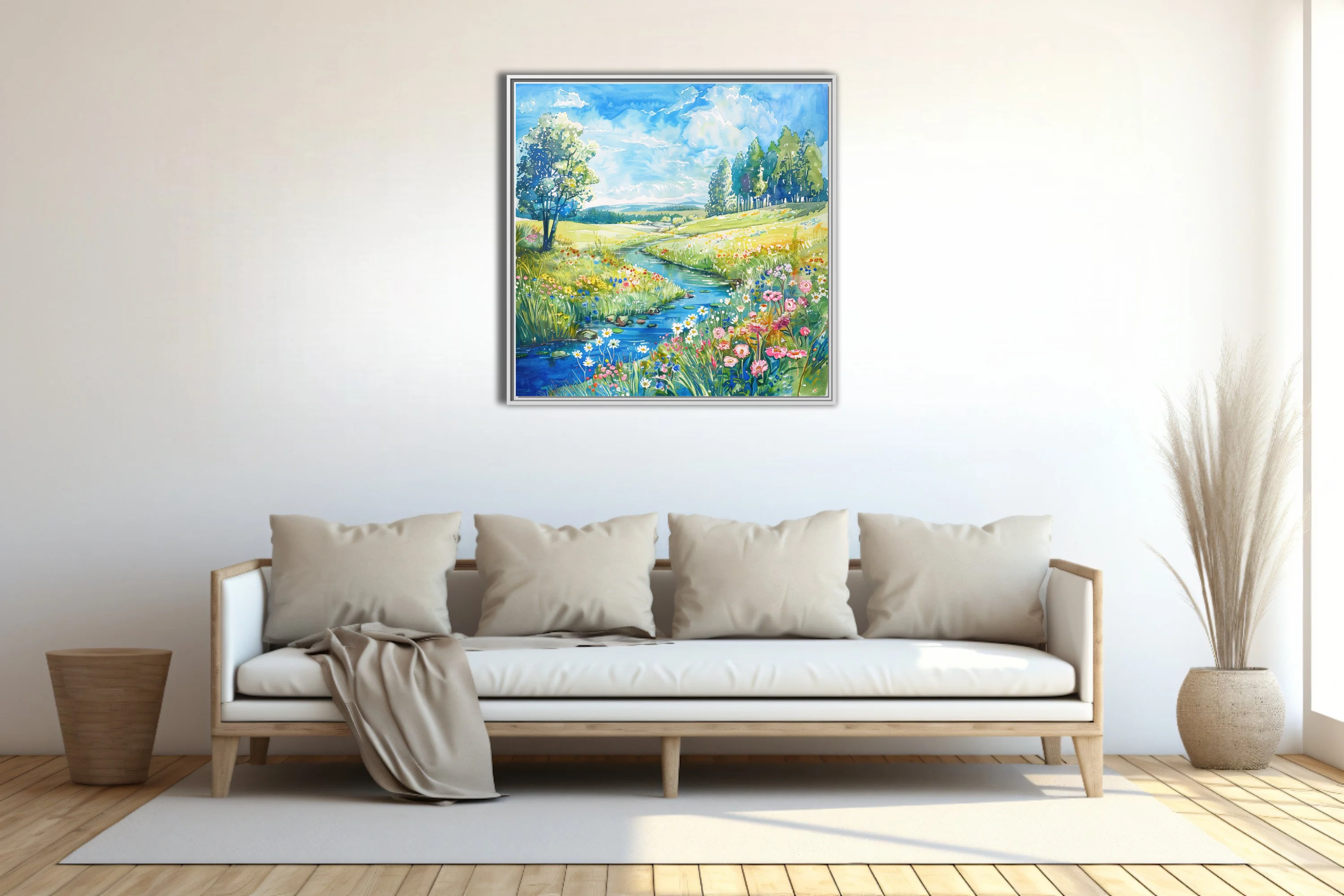 Watercolor-style wildflower meadow with stream, vivid blooms and rolling green hills