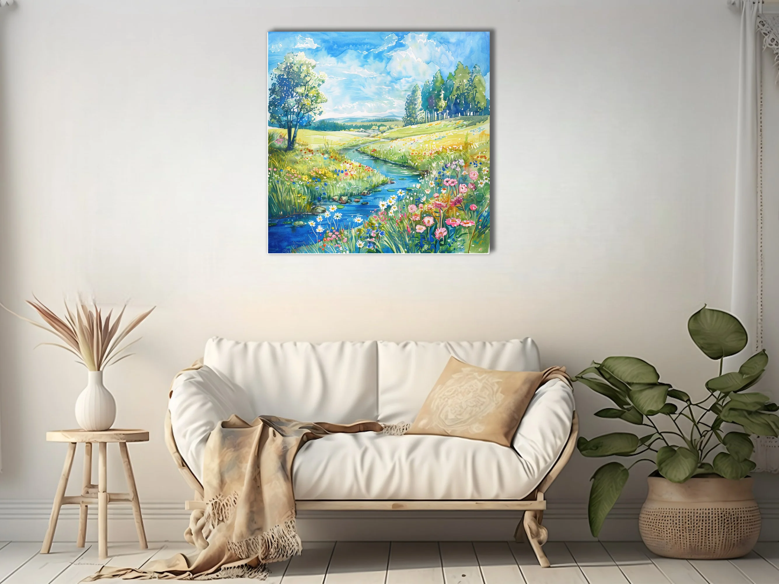 Watercolor-style wildflower meadow with stream, vivid blooms and rolling green hills
