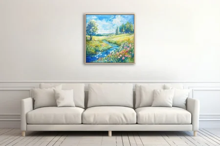 Watercolor-style wildflower meadow with stream, vivid blooms and rolling green hills