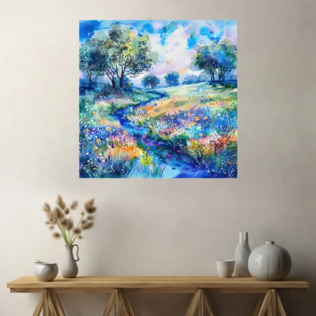 Watercolor-style wildflower meadow with winding stream, trees, and summer sky in vivid blues and greens