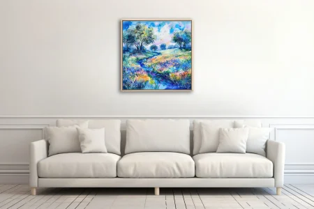 Watercolor-style wildflower meadow with winding stream, trees, and summer sky in vivid blues and greens