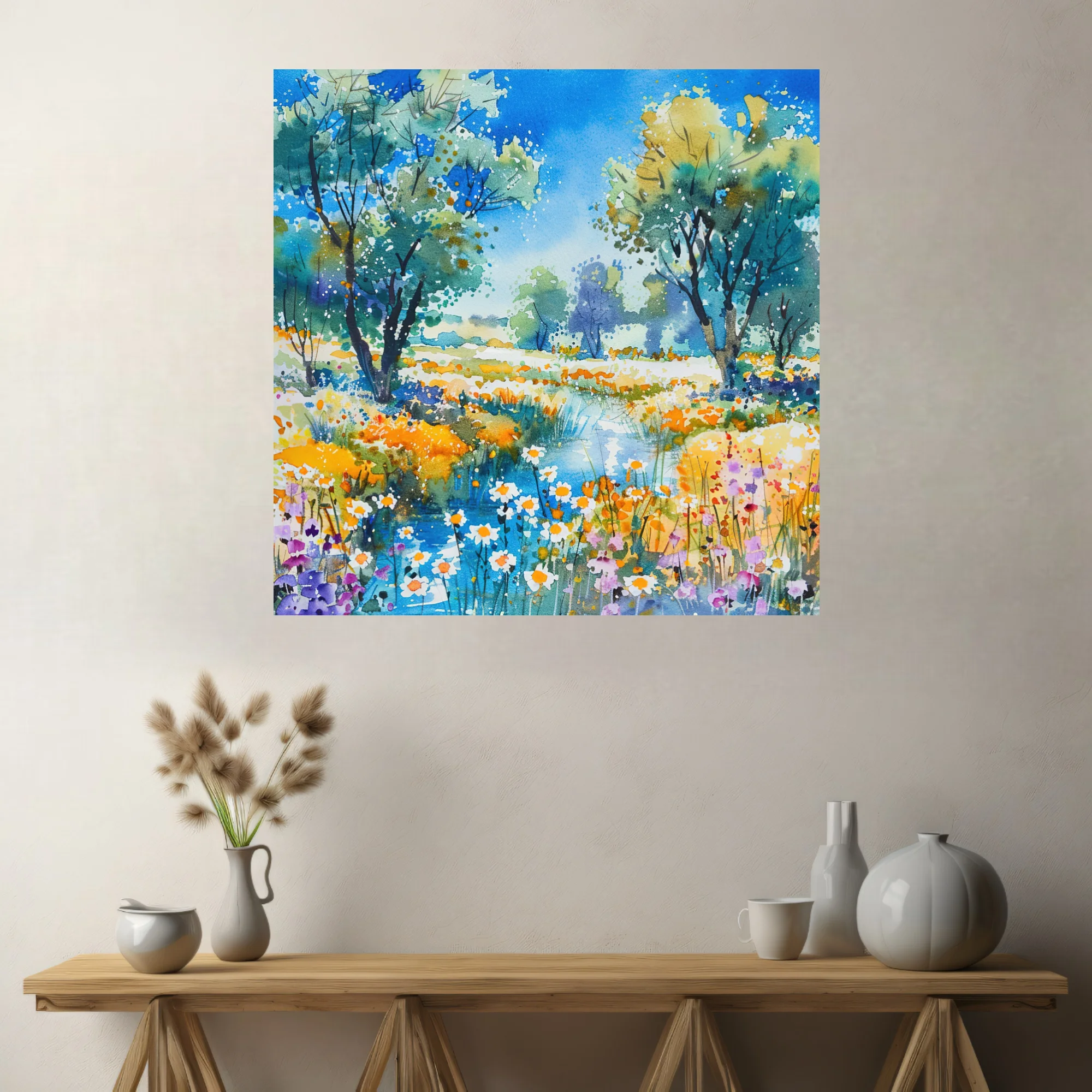 Vibrant watercolor-style wildflower meadow with pond, trees, and daisies in cobalt, gold, and violet
