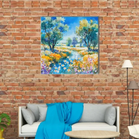 Vibrant watercolor-style wildflower meadow with pond, trees, and daisies in cobalt, gold, and violet