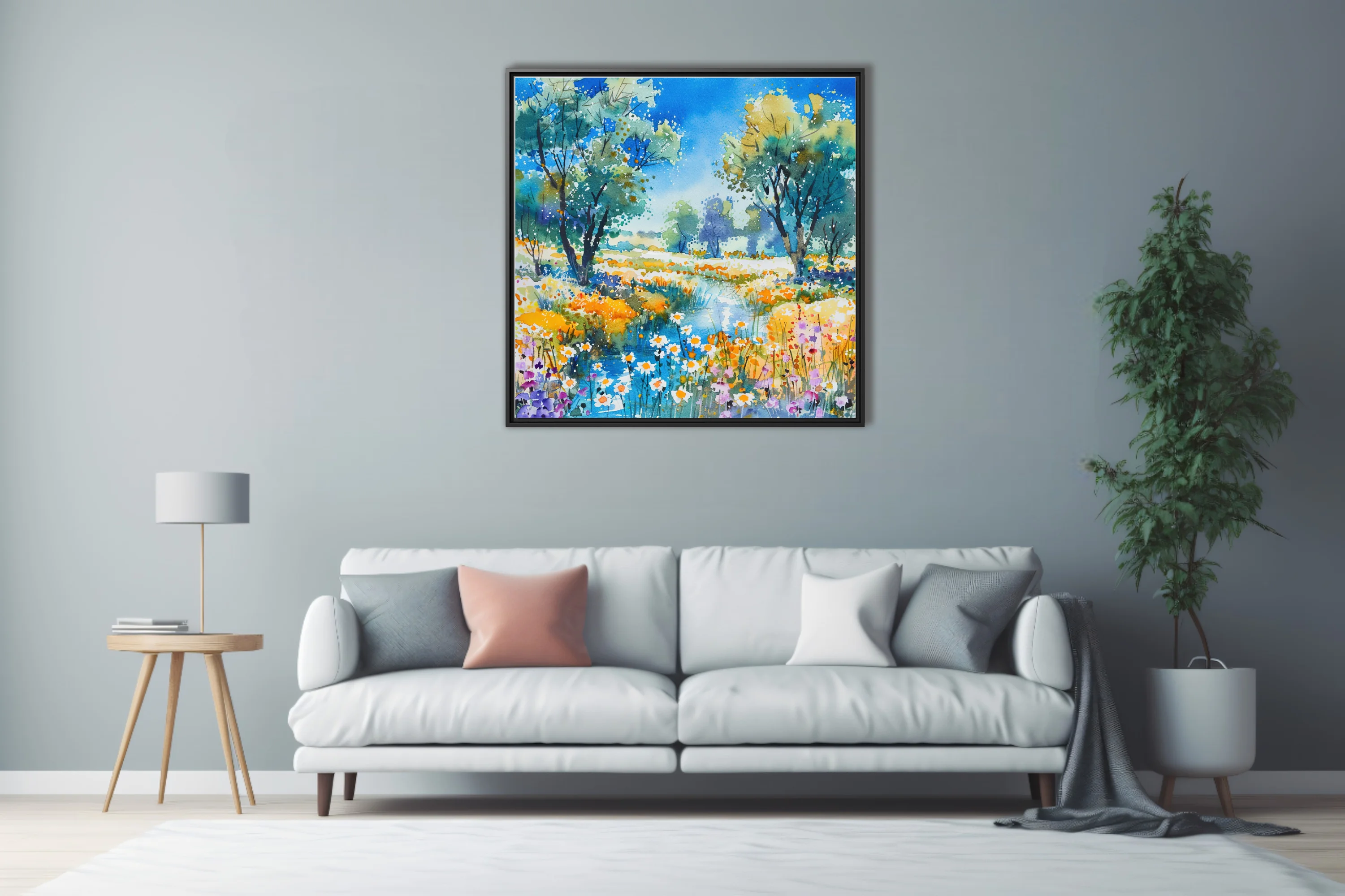 Vibrant watercolor-style wildflower meadow with pond, trees, and daisies in cobalt, gold, and violet