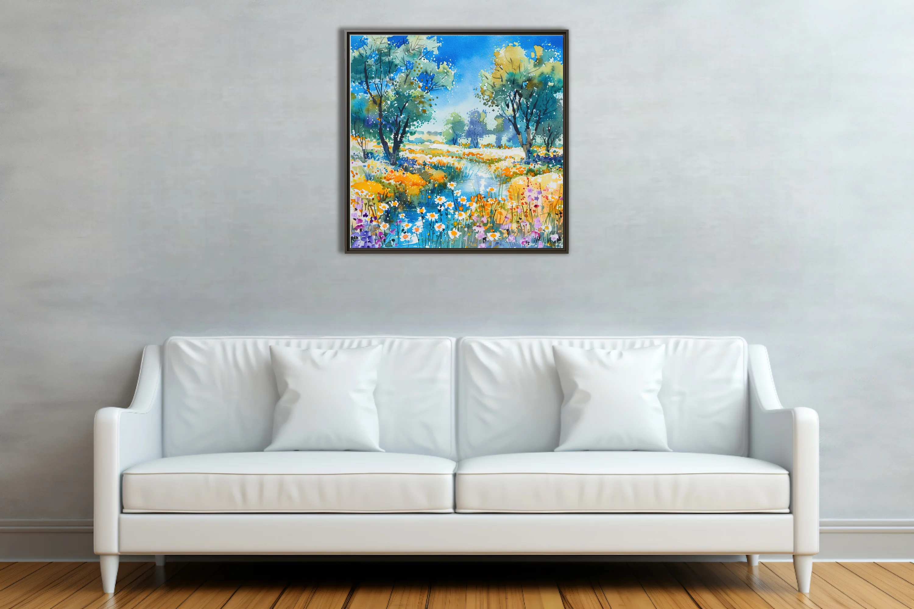 Vibrant watercolor-style wildflower meadow with pond, trees, and daisies in cobalt, gold, and violet