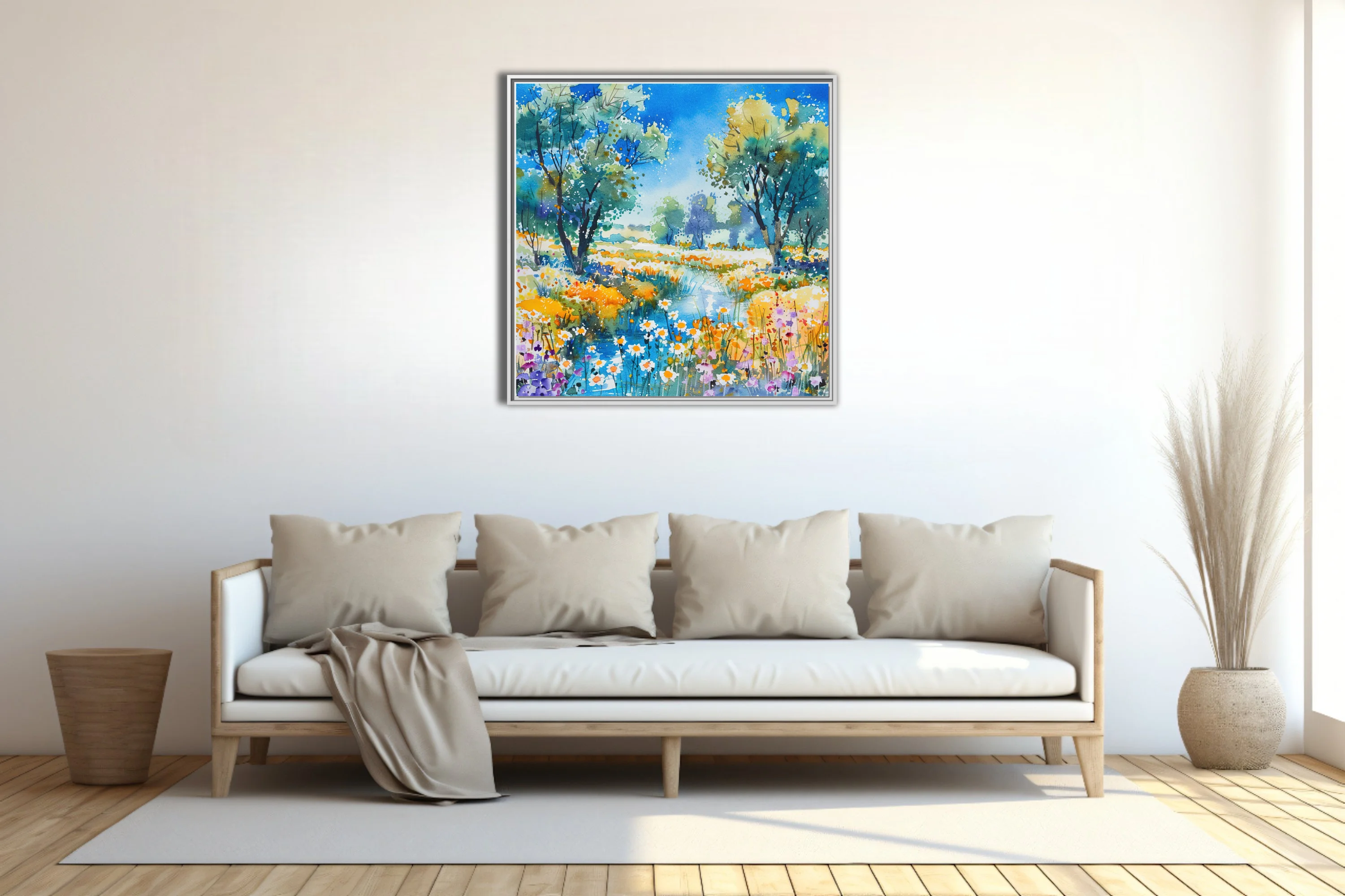 Vibrant watercolor-style wildflower meadow with pond, trees, and daisies in cobalt, gold, and violet