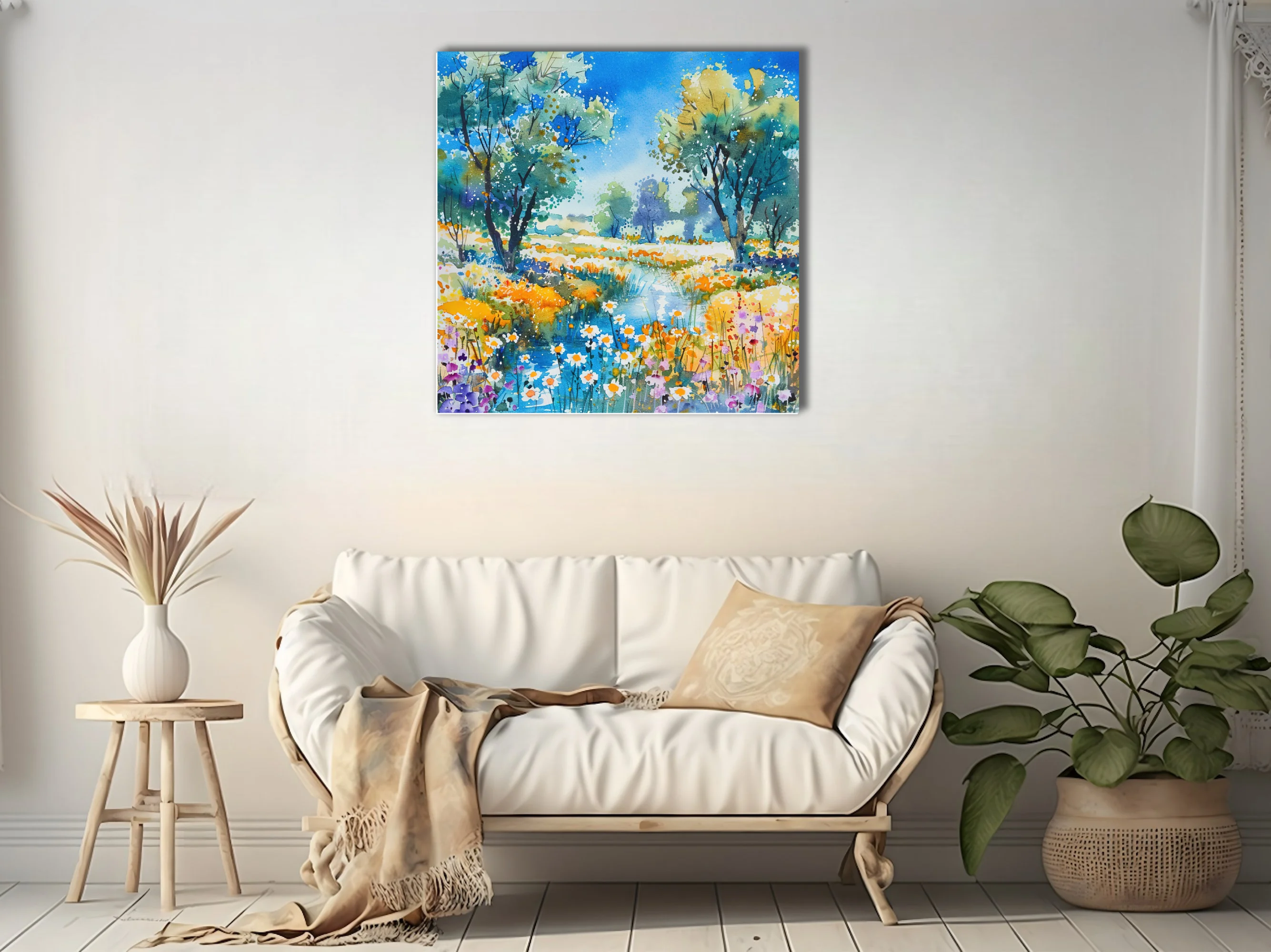Vibrant watercolor-style wildflower meadow with pond, trees, and daisies in cobalt, gold, and violet