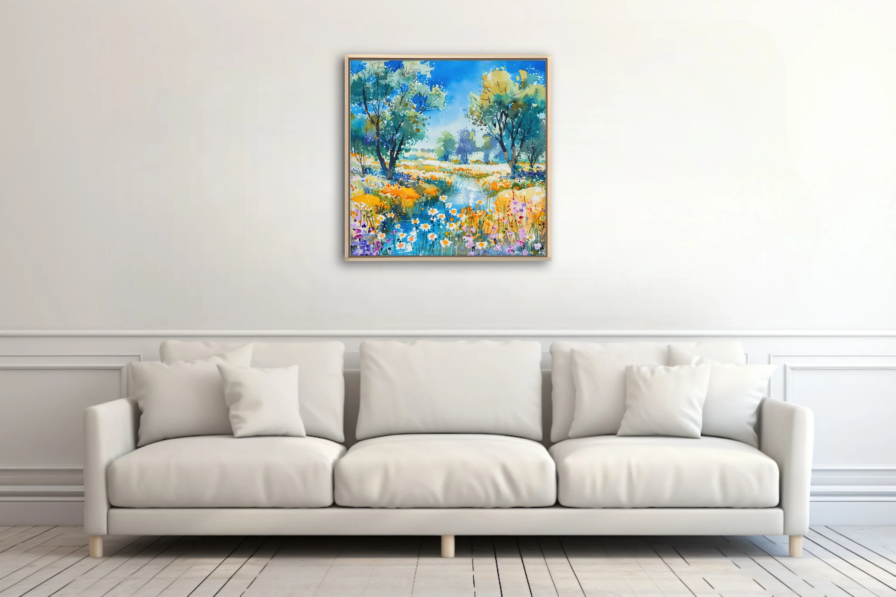 Vibrant watercolor-style wildflower meadow with pond, trees, and daisies in cobalt, gold, and violet