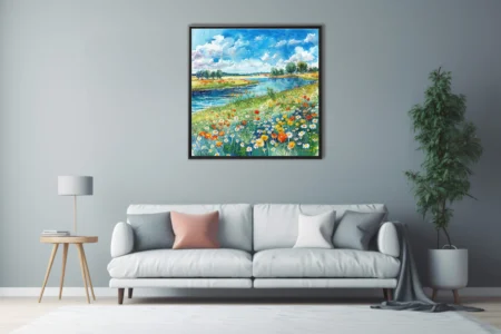 Watercolor-style wildflower meadow along a winding river, vibrant summer palette