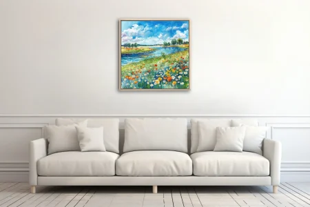 Watercolor-style wildflower meadow along a winding river, vibrant summer palette