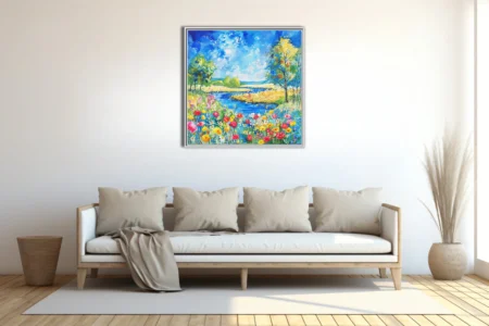 Watercolor-style wildflower meadow with stream, bright blooms and blue sky