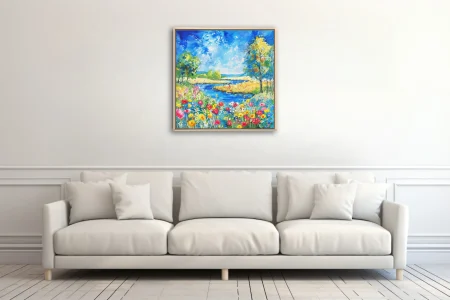 Watercolor-style wildflower meadow with stream, bright blooms and blue sky