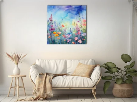 Watercolor-style wildflower meadow in vibrant pink, orange, and purple tones