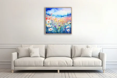 Watercolor-style wildflower meadow with daisies and colorful blooms, bright joyful palette