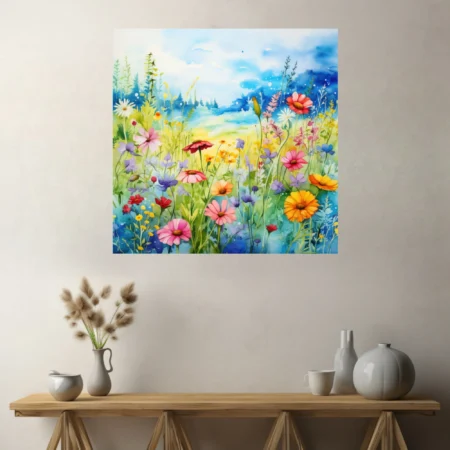 Watercolor-style wildflower meadow with vivid blooms in pink, yellow, red, and purple