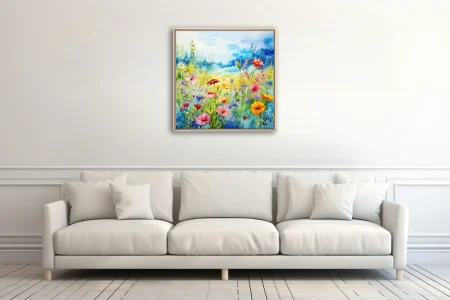 Watercolor-style wildflower meadow with vivid blooms in pink, yellow, red, and purple