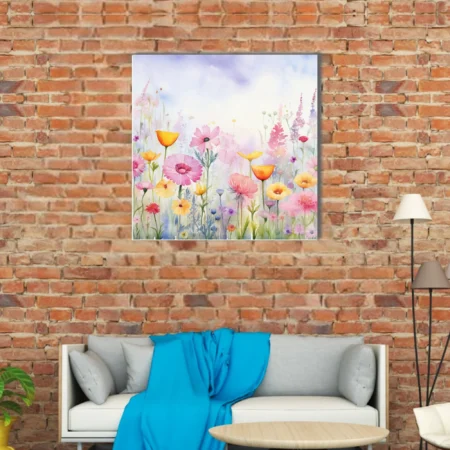 Watercolor-style wildflower meadow in pink, orange, yellow, and violet pastel tones