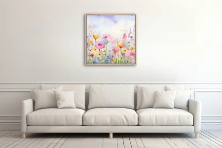 Watercolor-style wildflower meadow in pink, orange, yellow, and violet pastel tones
