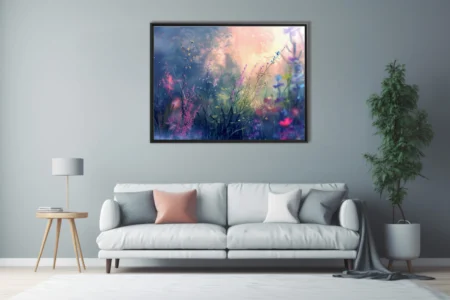 Fantasy wildflower field art, pastel pink purple blue glowing misty botanical scene