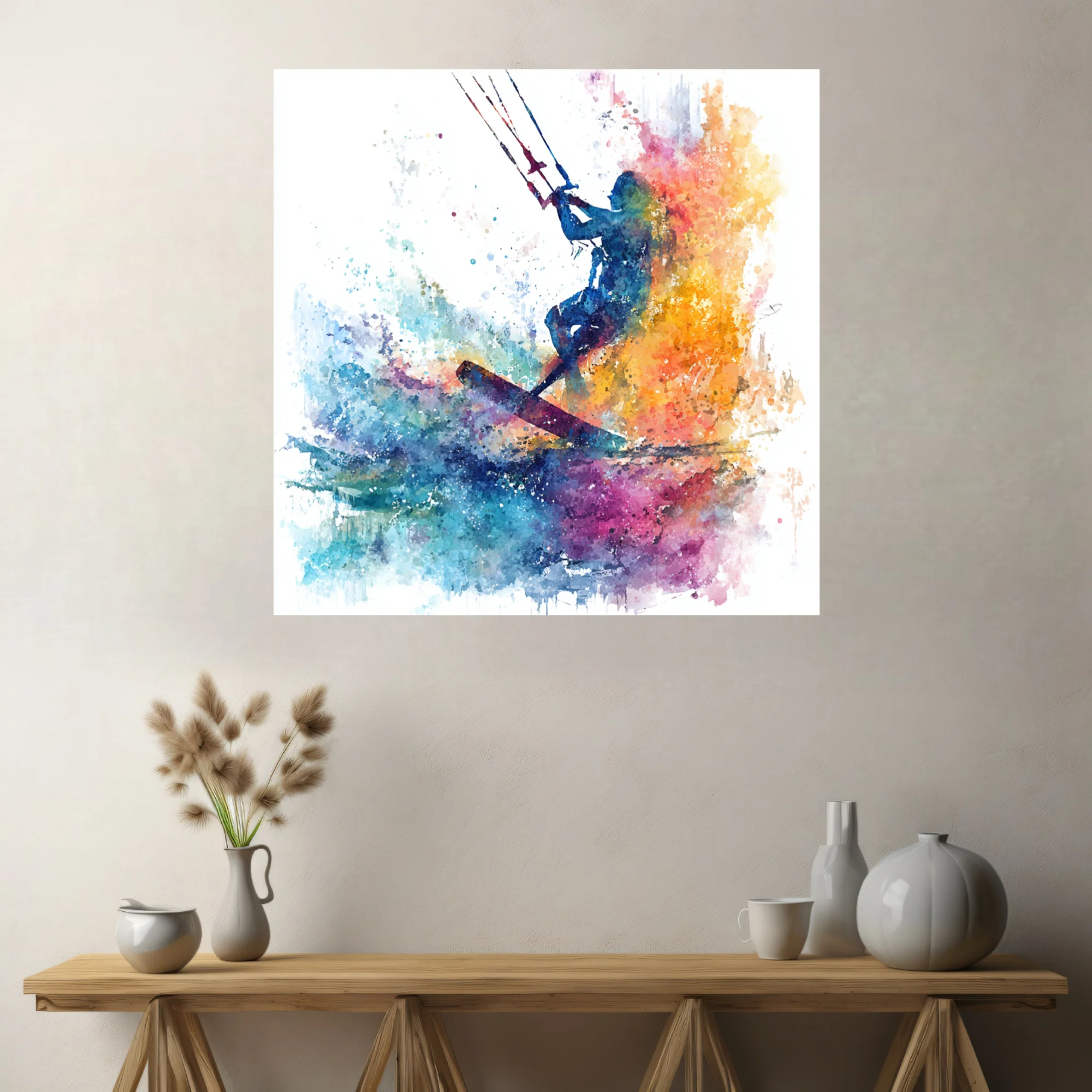 Kitesurfer silhouette in vivid watercolor-style splash, blue orange magenta, energetic action wall art
