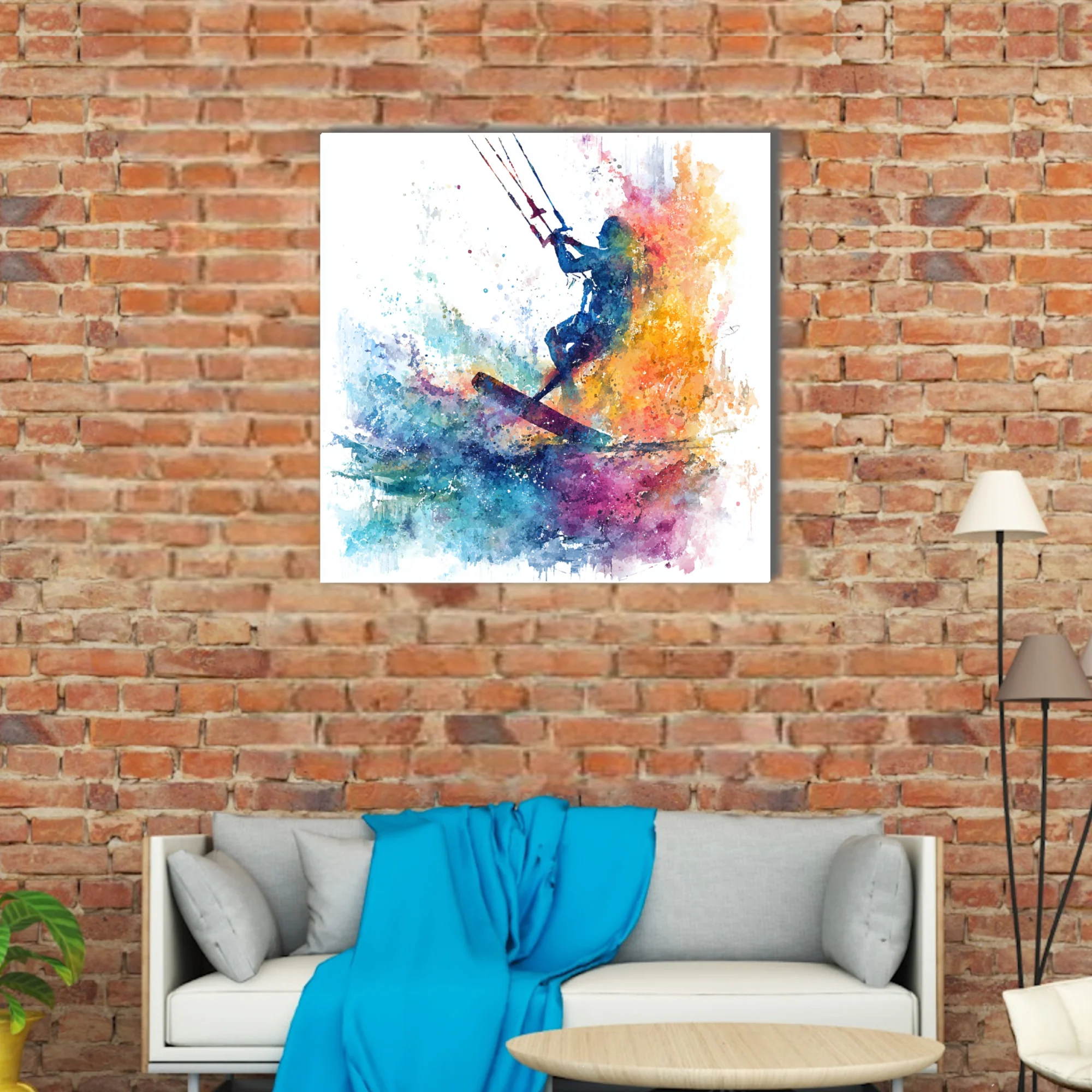 Kitesurfer silhouette in vivid watercolor-style splash, blue orange magenta, energetic action wall art