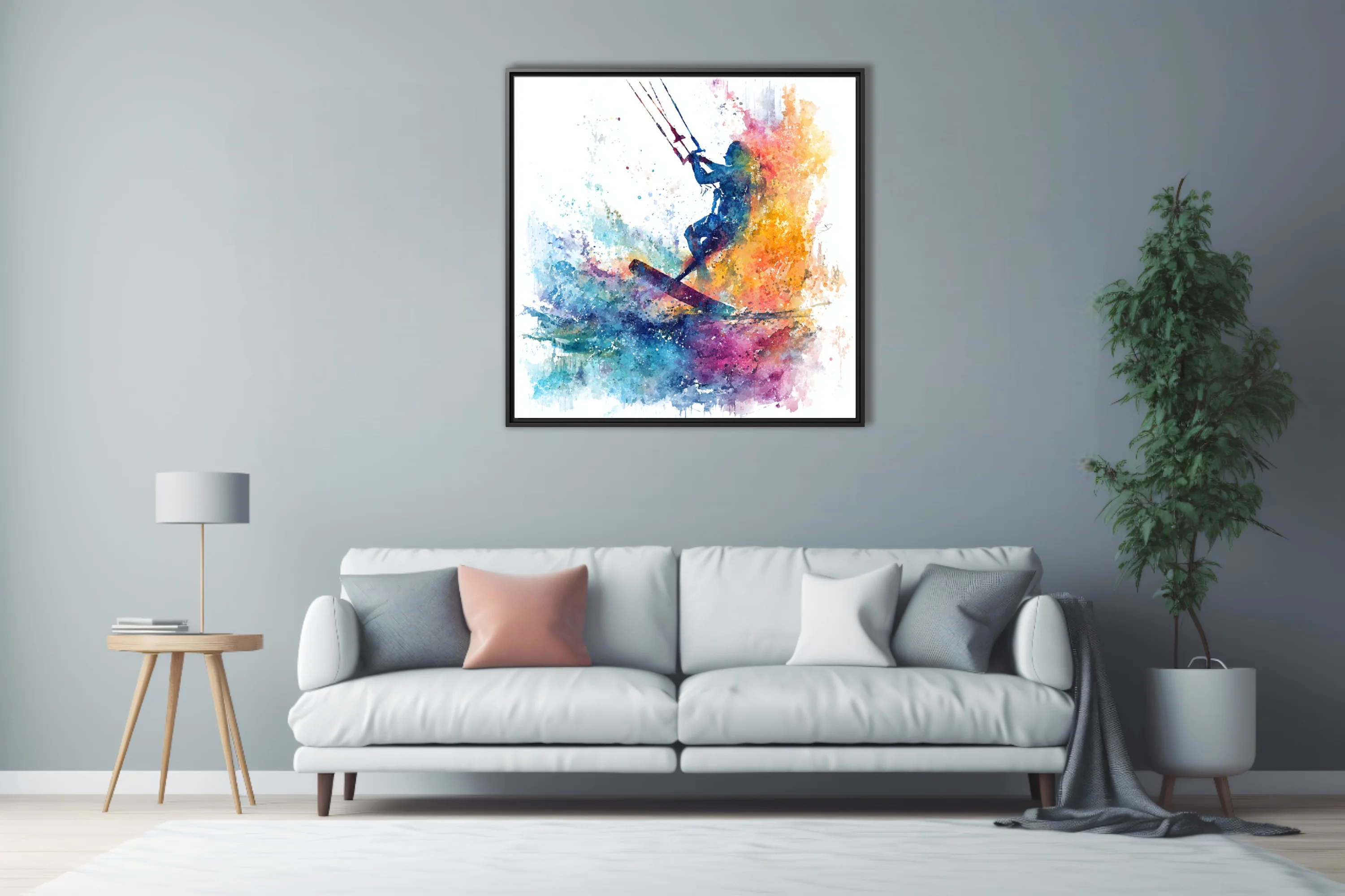 Kitesurfer silhouette in vivid watercolor-style splash, blue orange magenta, energetic action wall art