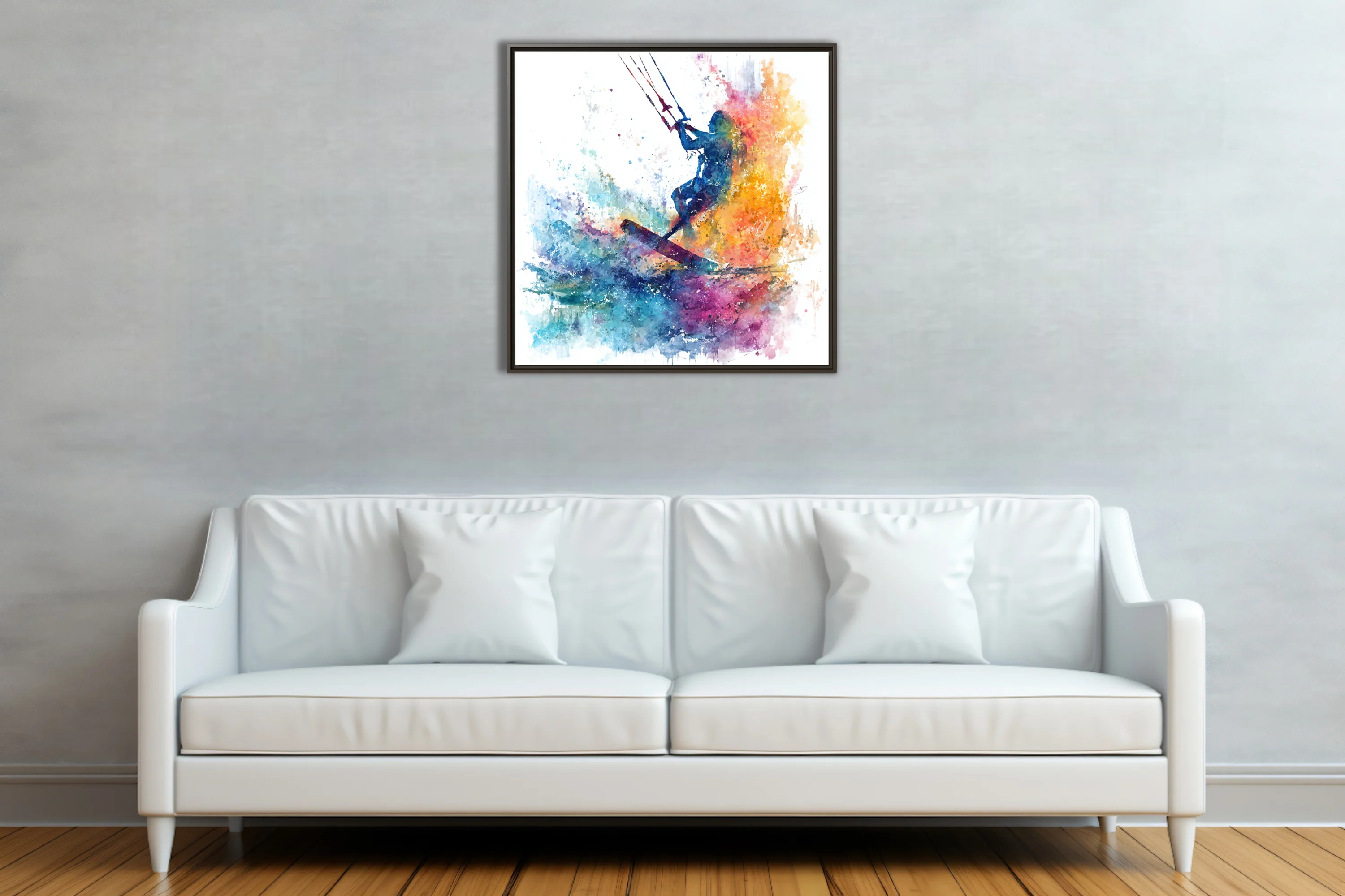 Kitesurfer silhouette in vivid watercolor-style splash, blue orange magenta, energetic action wall art