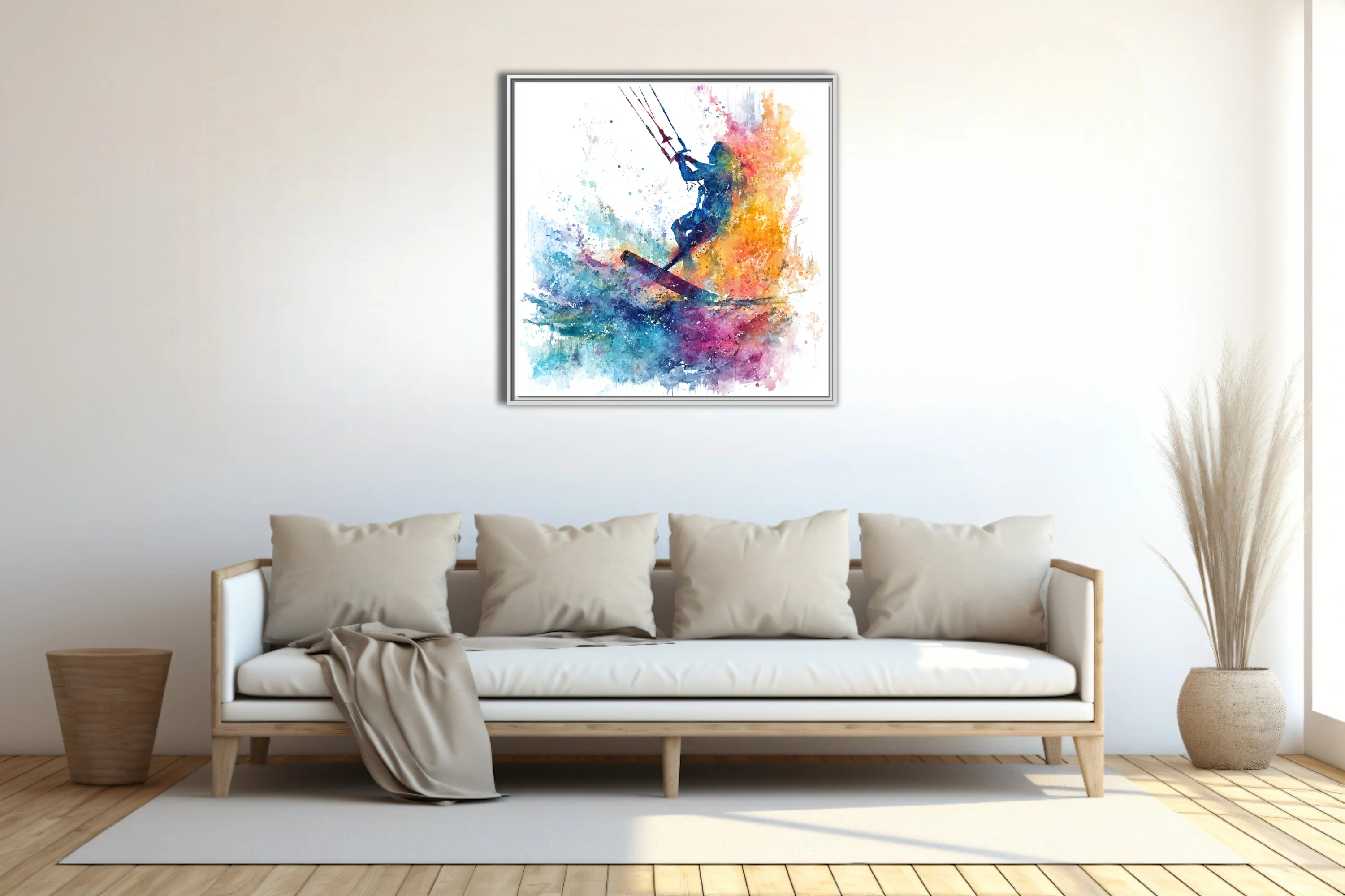 Kitesurfer silhouette in vivid watercolor-style splash, blue orange magenta, energetic action wall art