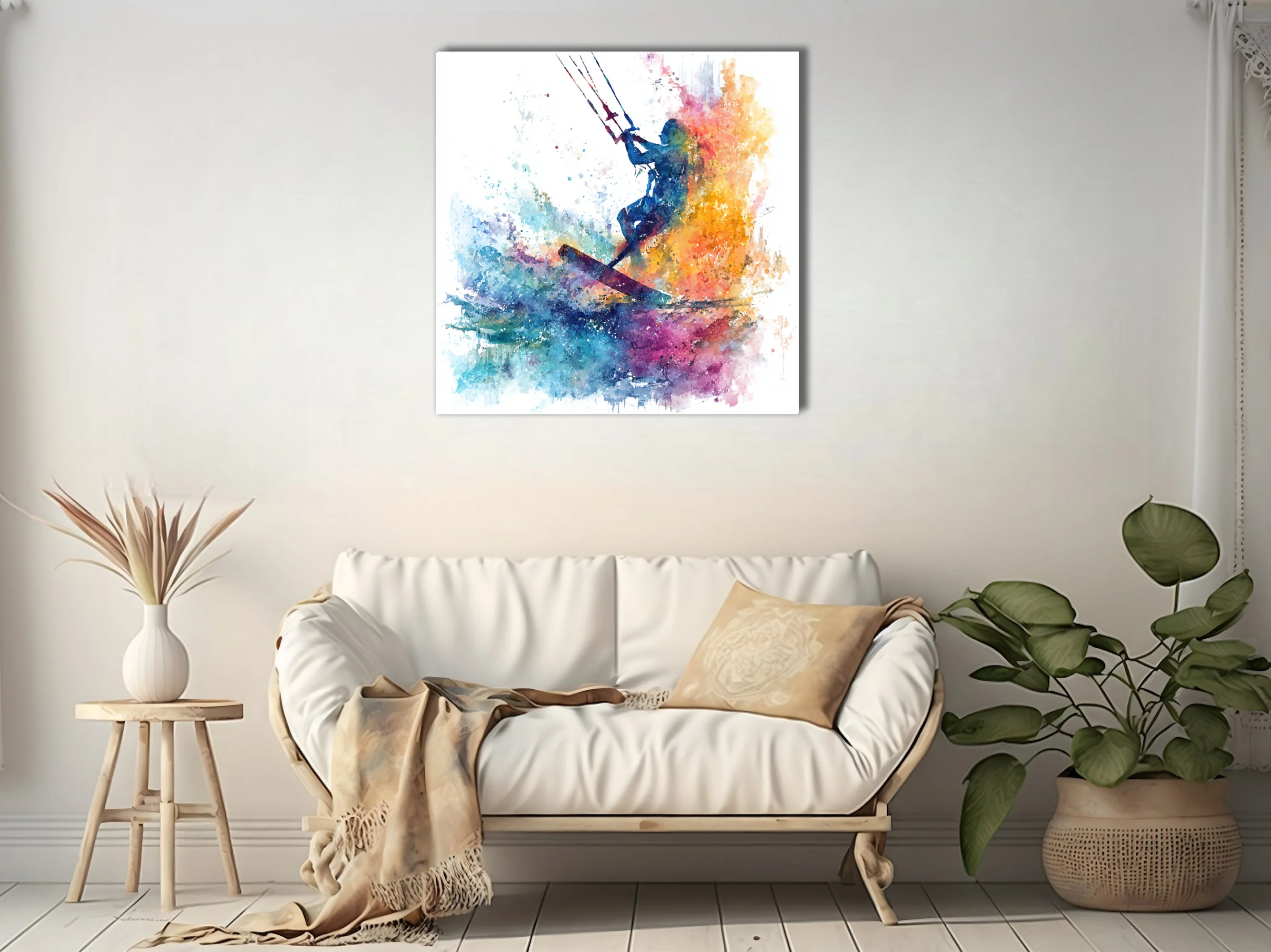 Kitesurfer silhouette in vivid watercolor-style splash, blue orange magenta, energetic action wall art