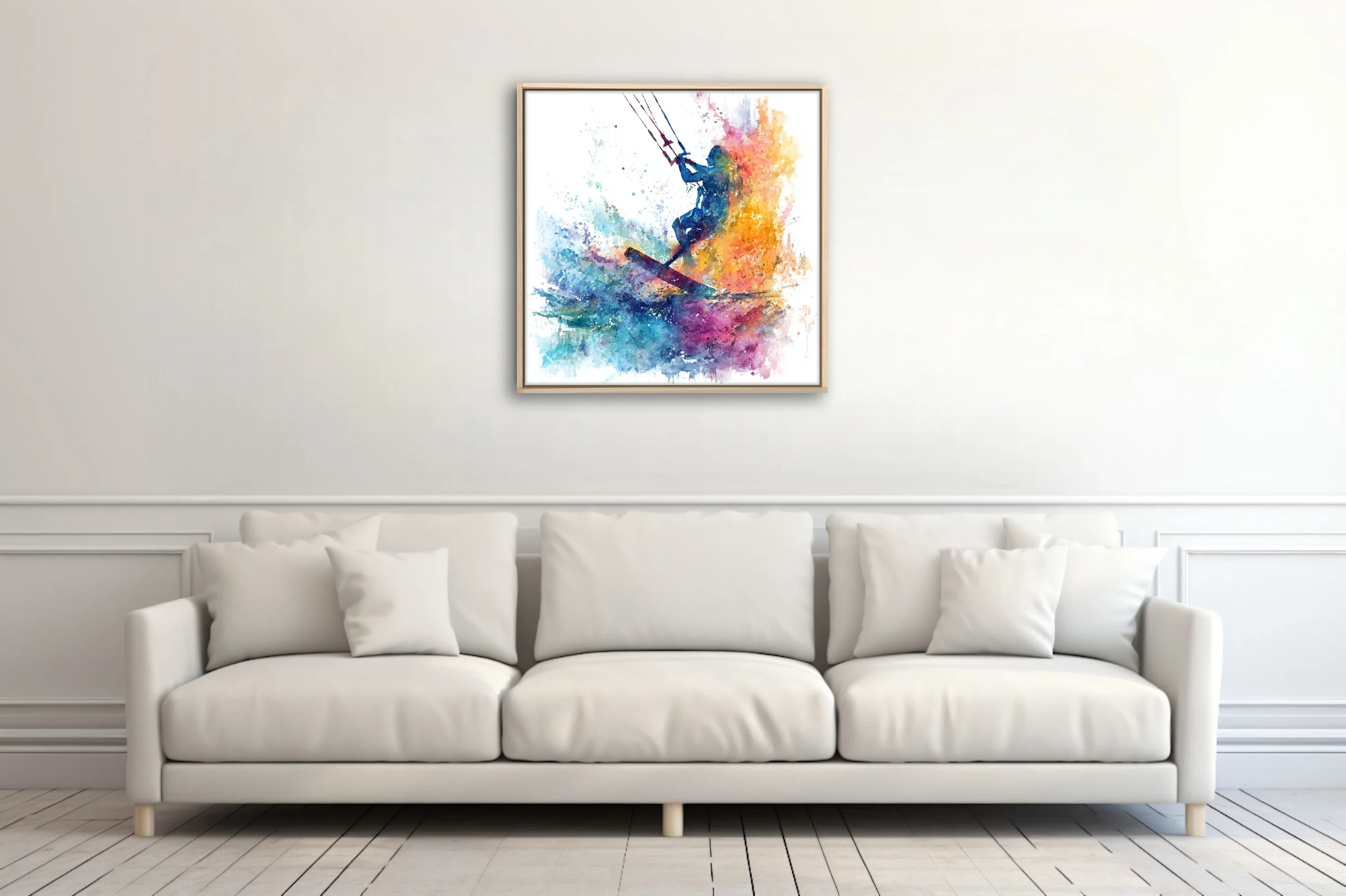 Kitesurfer silhouette in vivid watercolor-style splash, blue orange magenta, energetic action wall art