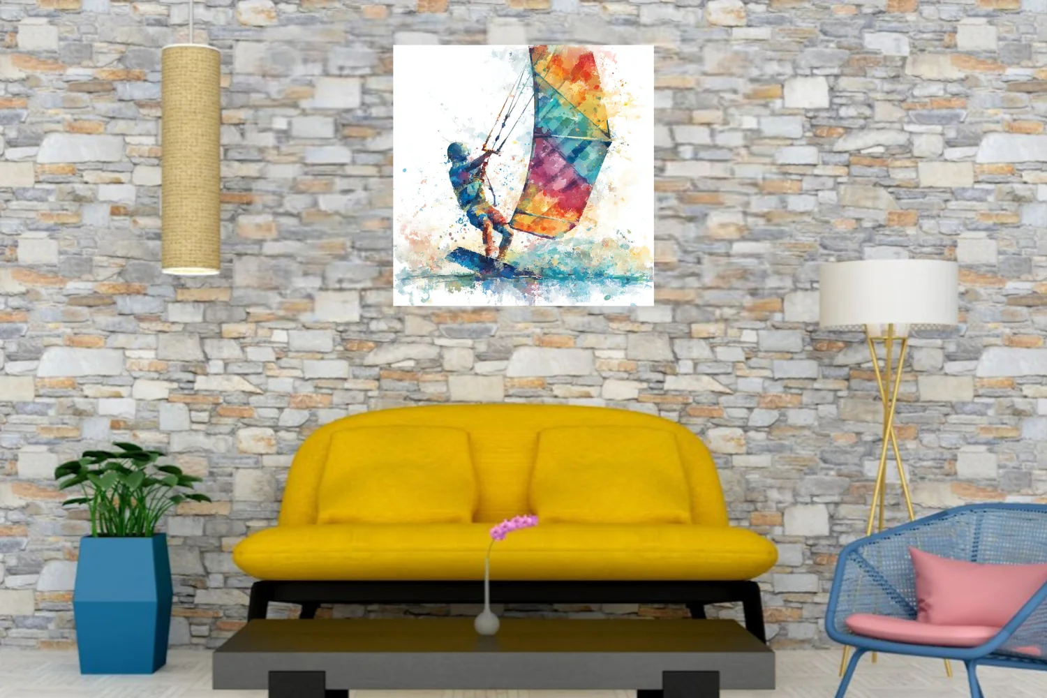 Abstract watercolor-style kitesurfer with colorful kite, vivid splatter and fluid strokes