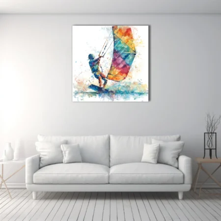 Abstract watercolor-style kitesurfer with colorful kite, vivid splatter and fluid strokes