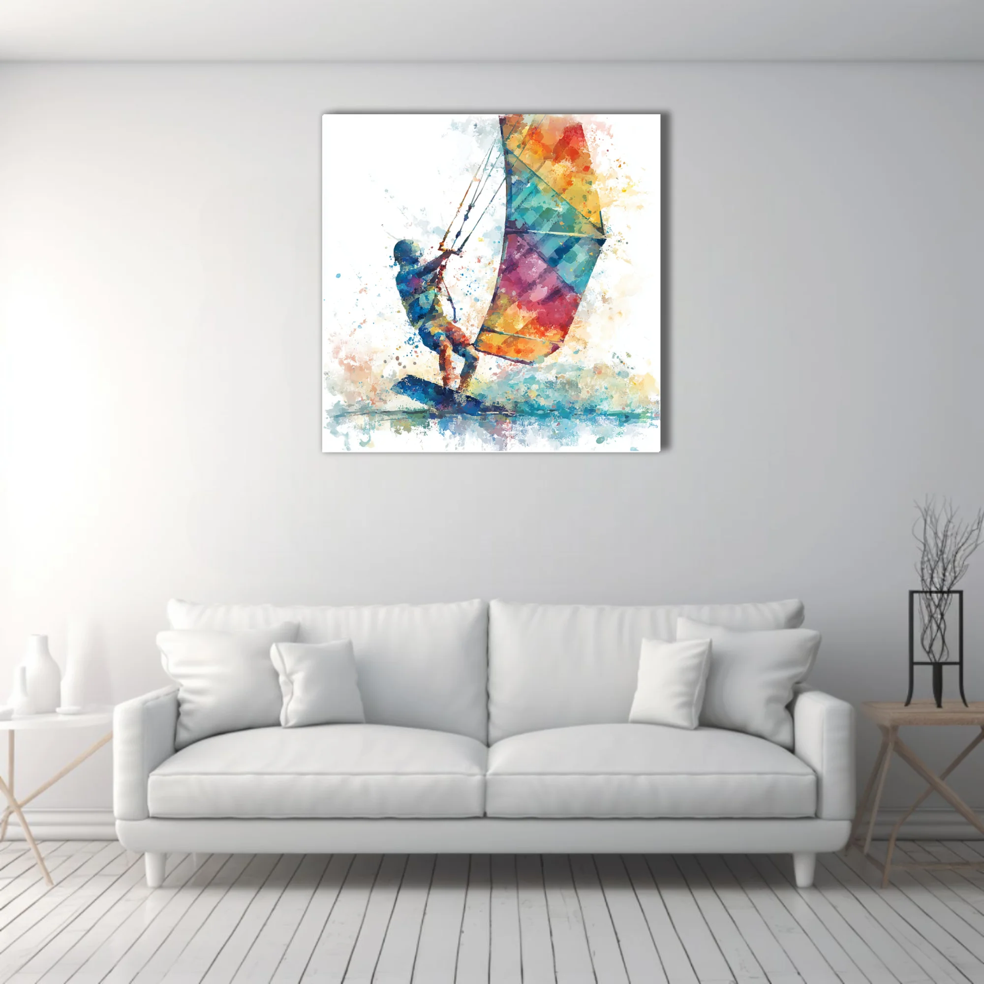 Abstract watercolor-style kitesurfer with colorful kite, vivid splatter and fluid strokes