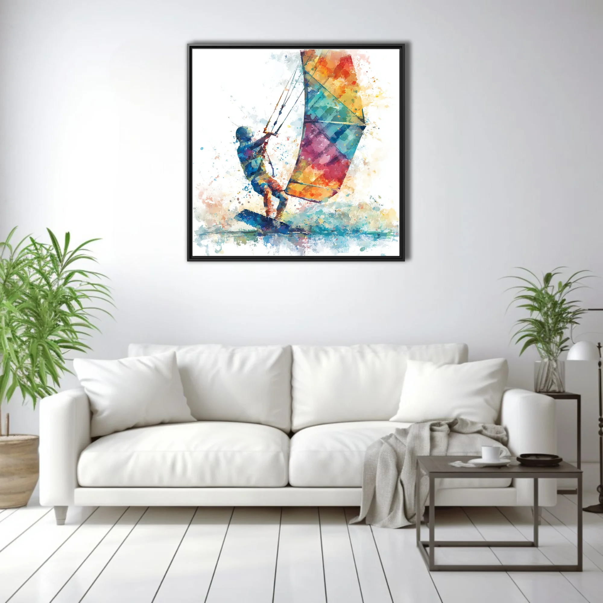 Abstract watercolor-style kitesurfer with colorful kite, vivid splatter and fluid strokes