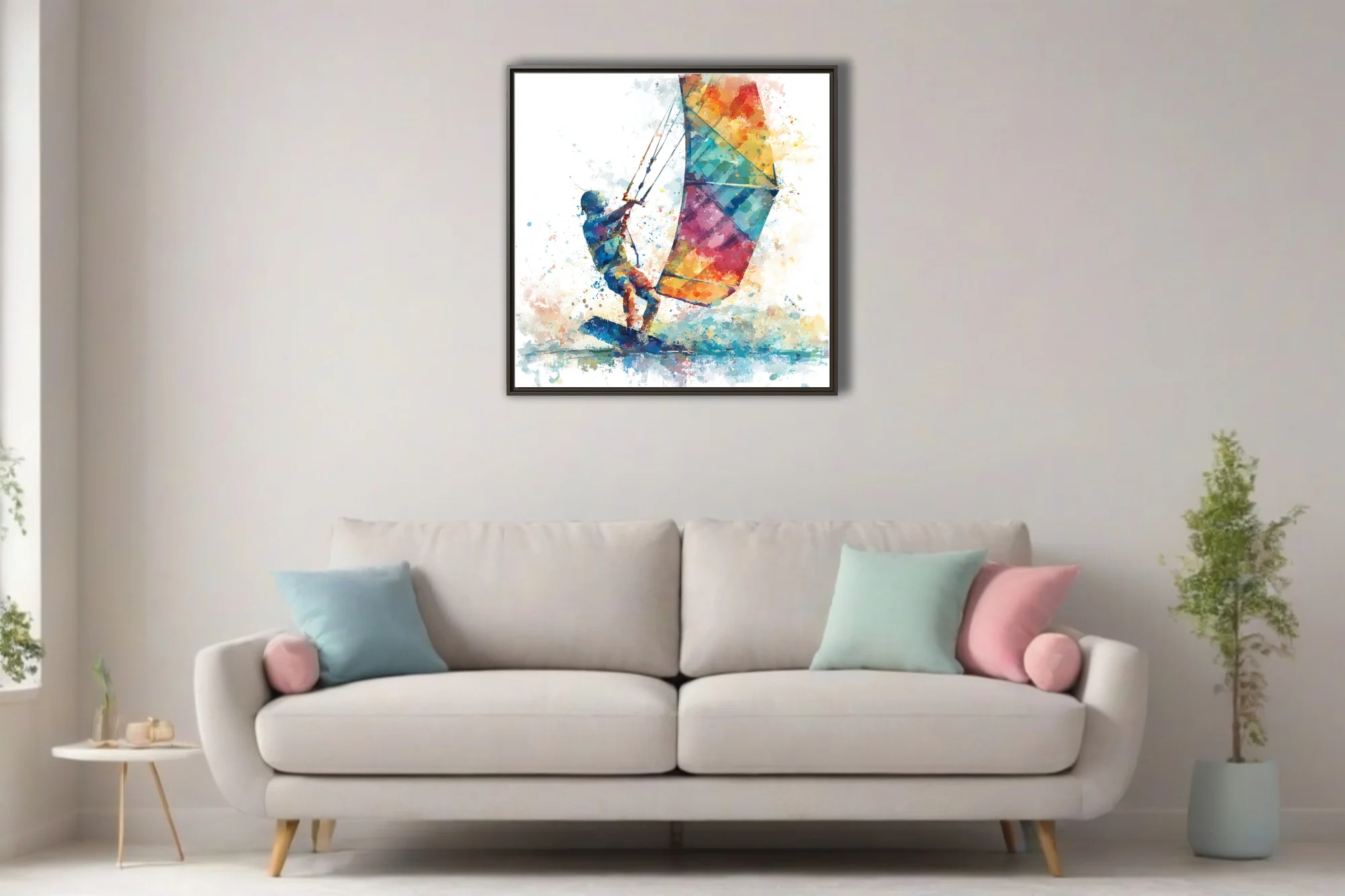 Abstract watercolor-style kitesurfer with colorful kite, vivid splatter and fluid strokes