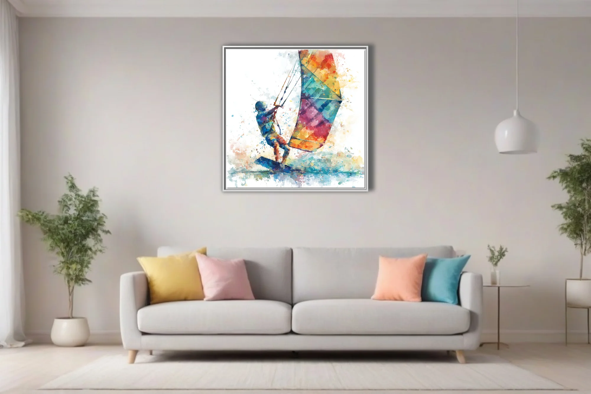 Abstract watercolor-style kitesurfer with colorful kite, vivid splatter and fluid strokes