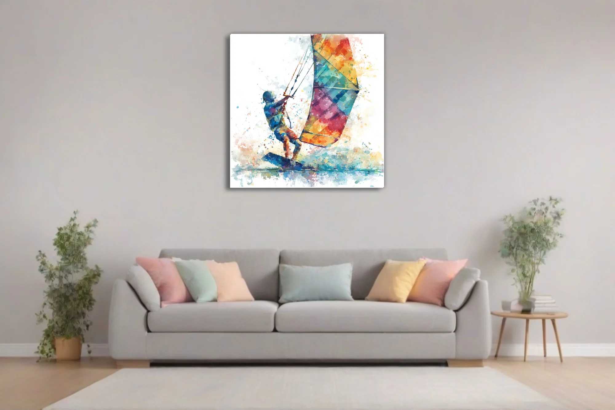 Abstract watercolor-style kitesurfer with colorful kite, vivid splatter and fluid strokes