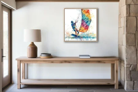 Abstract watercolor-style kitesurfer with colorful kite, vivid splatter and fluid strokes