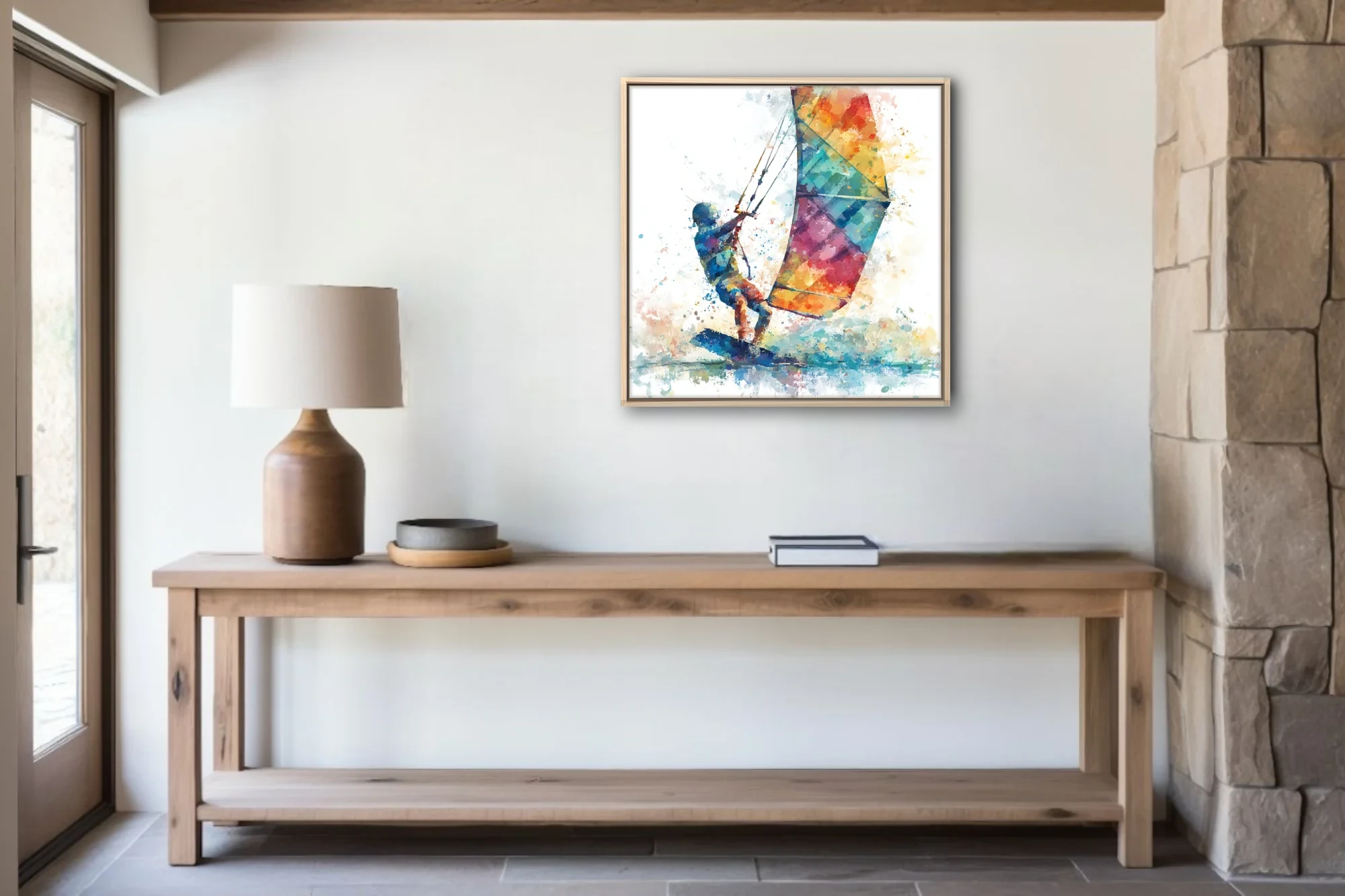 Abstract watercolor-style kitesurfer with colorful kite, vivid splatter and fluid strokes