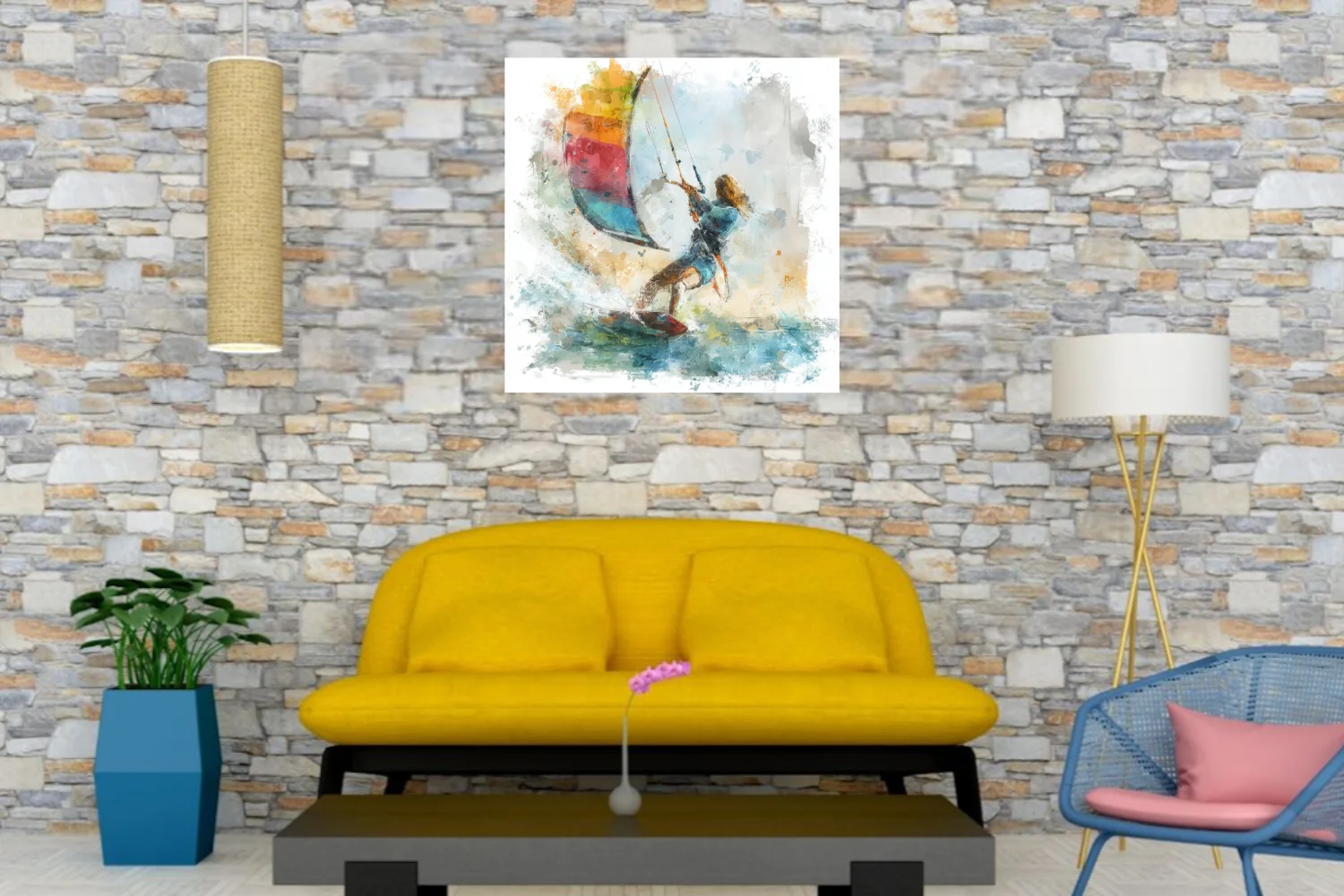 Abstract watercolor-style kitesurfing scene with vivid multicolored kite and dynamic fluid washes