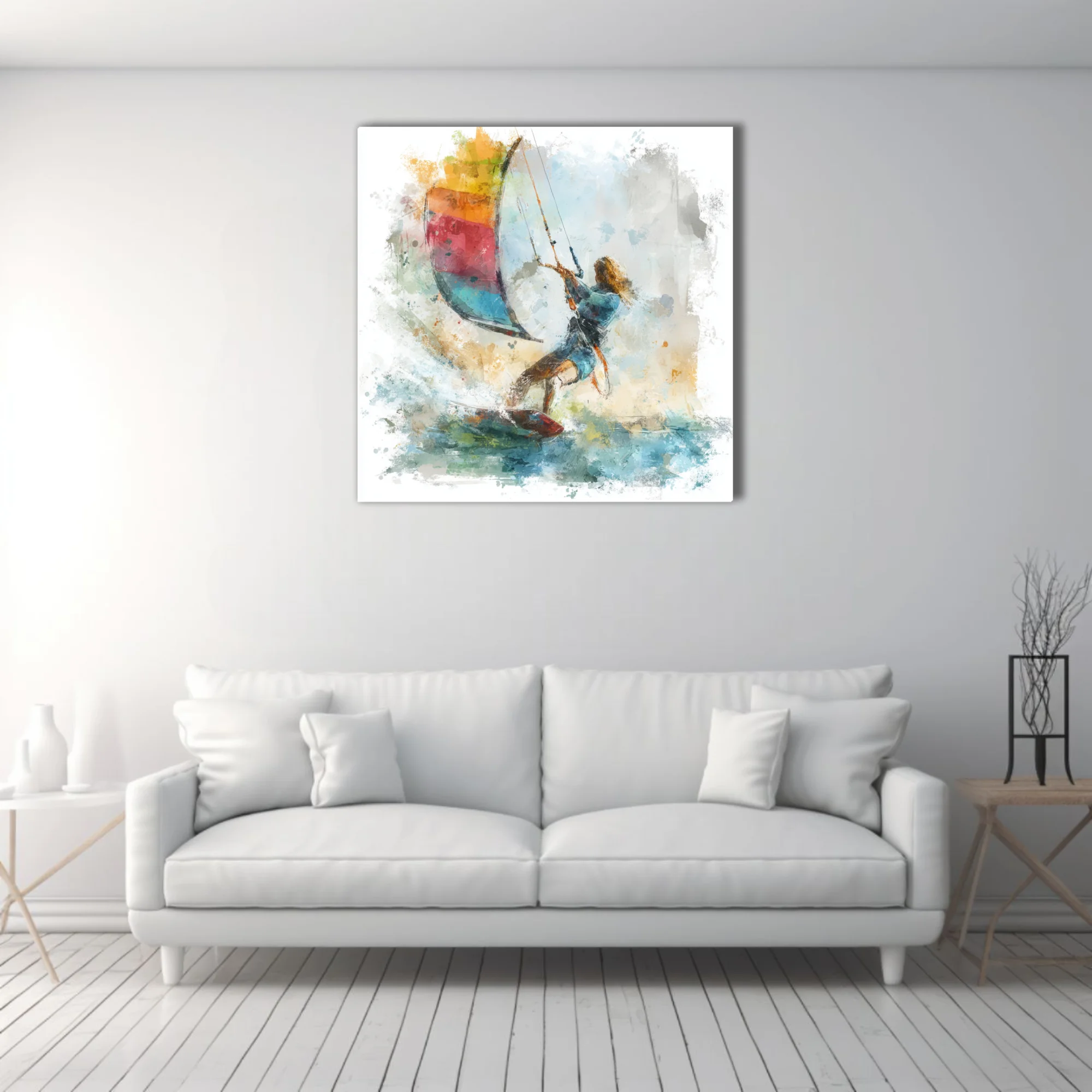 Abstract watercolor-style kitesurfing scene with vivid multicolored kite and dynamic fluid washes