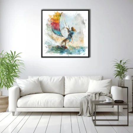 Abstract watercolor-style kitesurfing scene with vivid multicolored kite and dynamic fluid washes