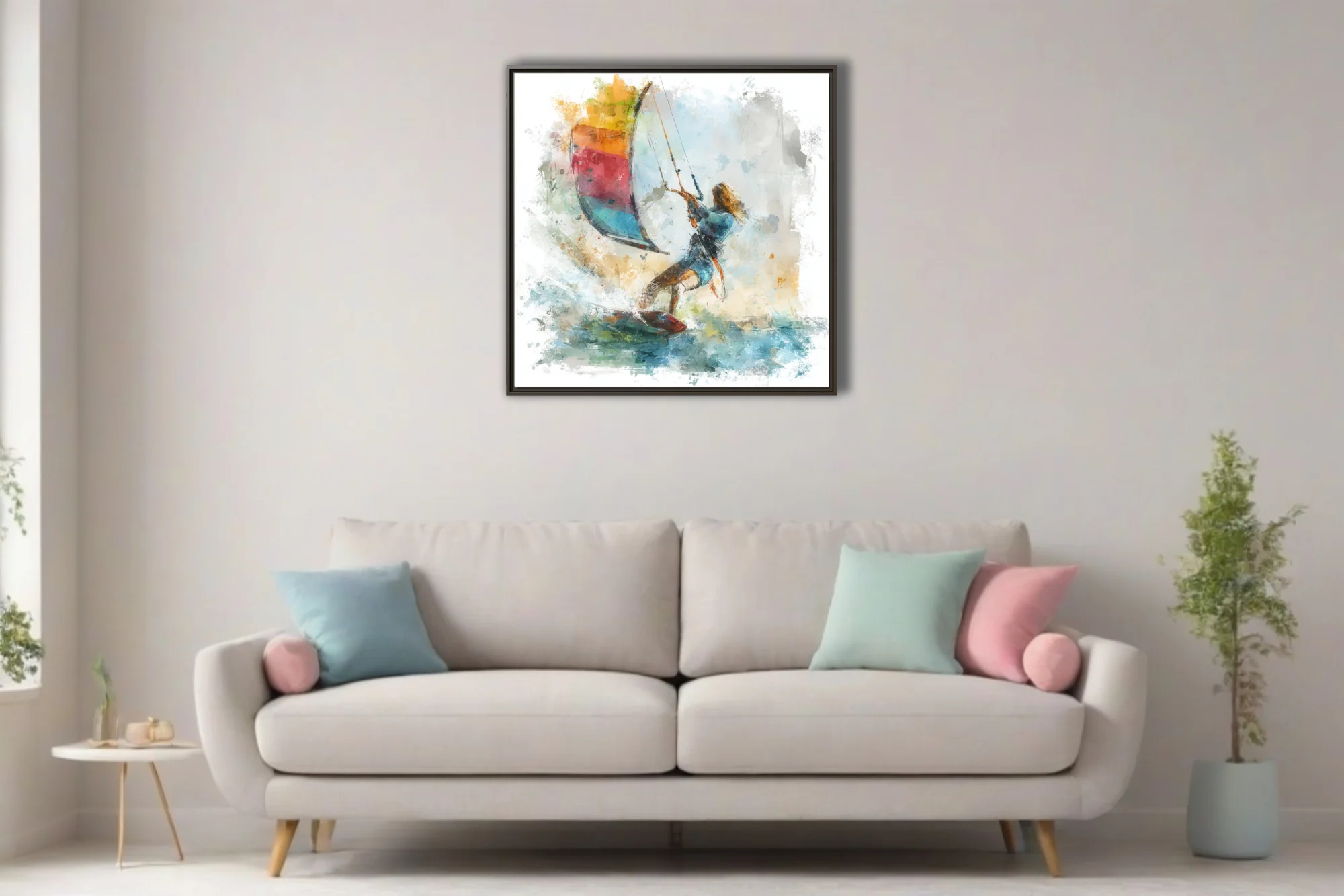Abstract watercolor-style kitesurfing scene with vivid multicolored kite and dynamic fluid washes